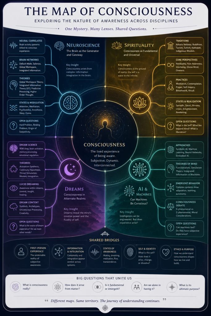 visual map of consciousness theories including neuroscience, spirituality, dreams, and AI