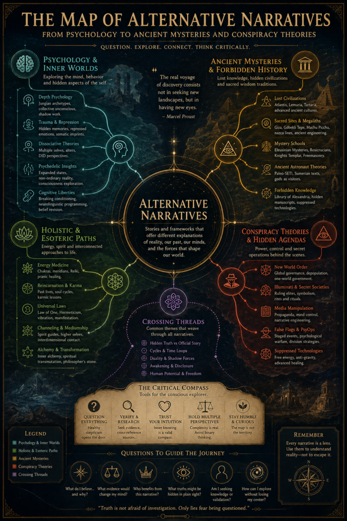 visual map of alternative narratives from psychology to ancient mysteries and conspiracy theories