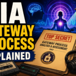 Cartoon-style CIA Gateway Process illustration showing a glowing meditating figure, brain imagery, military helicopter, listening station, headphones, and a classified 1983 Gateway report folder.