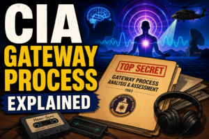 Cartoon-style CIA Gateway Process illustration showing a glowing meditating figure, brain imagery, military helicopter, listening station, headphones, and a classified 1983 Gateway report folder.