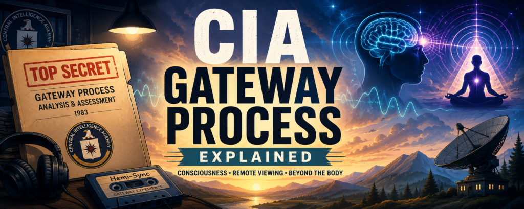 Wide illustrated CIA Gateway Process banner with a top-secret report file, Hemi-Sync cassette, glowing brain and meditating figure, radio dish, mountains, and cosmic wave patterns.