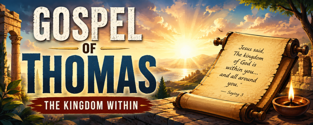 Wide illustrated banner showing an ancient scroll, stone ruins, and a glowing sunrise over a distant landscape with “Gospel of Thomas” text.