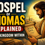 Cartoon-style illustration of a man reading an ancient scroll at sunrise beside large text reading “Gospel of Thomas Explained: The Kingdom Within.”