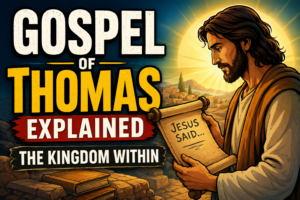 Cartoon-style illustration of a man reading an ancient scroll at sunrise beside large text reading “Gospel of Thomas Explained: The Kingdom Within.”