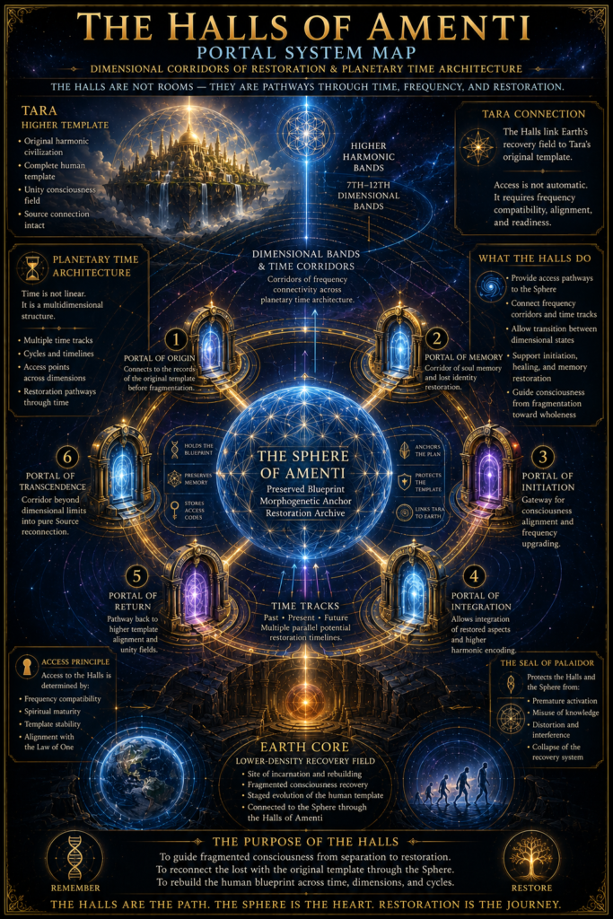 The Halls of Amenti portal system map showing dimensional corridors, the Sphere of Amenti, planetary time architecture, and restoration pathways.