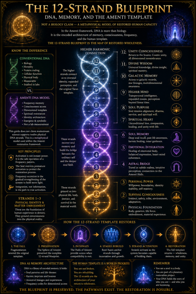 The 12-Strand Blueprint infographic explaining metaphysical DNA, memory, consciousness, spiritual restoration, and the Amenti template.