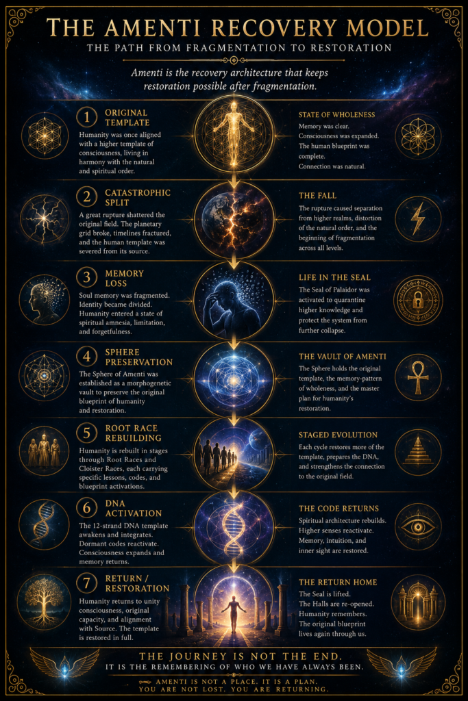 The Amenti Recovery Model infographic showing the path from fragmentation, memory loss, and the Sphere of Amenti to DNA activation and spiritual restoration.
