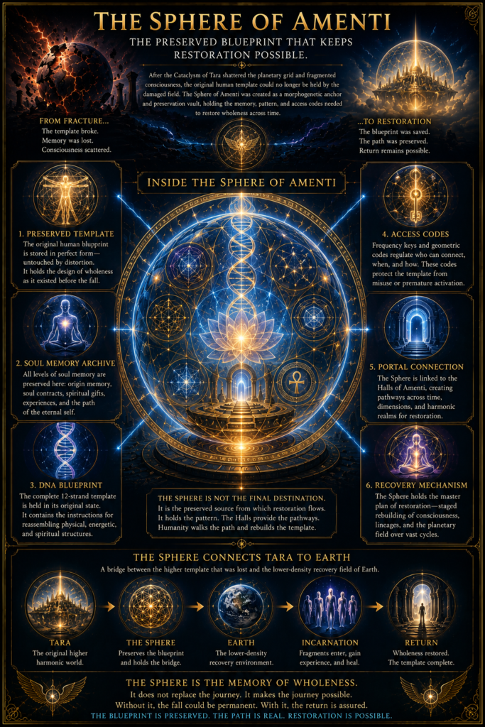 The Sphere of Amenti infographic showing the preserved blueprint, soul memory archive, DNA blueprint, access codes, and the path to restoration.