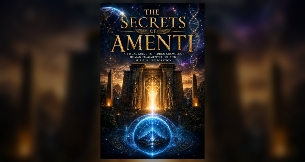 The Secrets of Amenti digital PDF guide cover featuring a mystical temple, cosmic sphere, sacred geometry, and hidden cosmology theme.