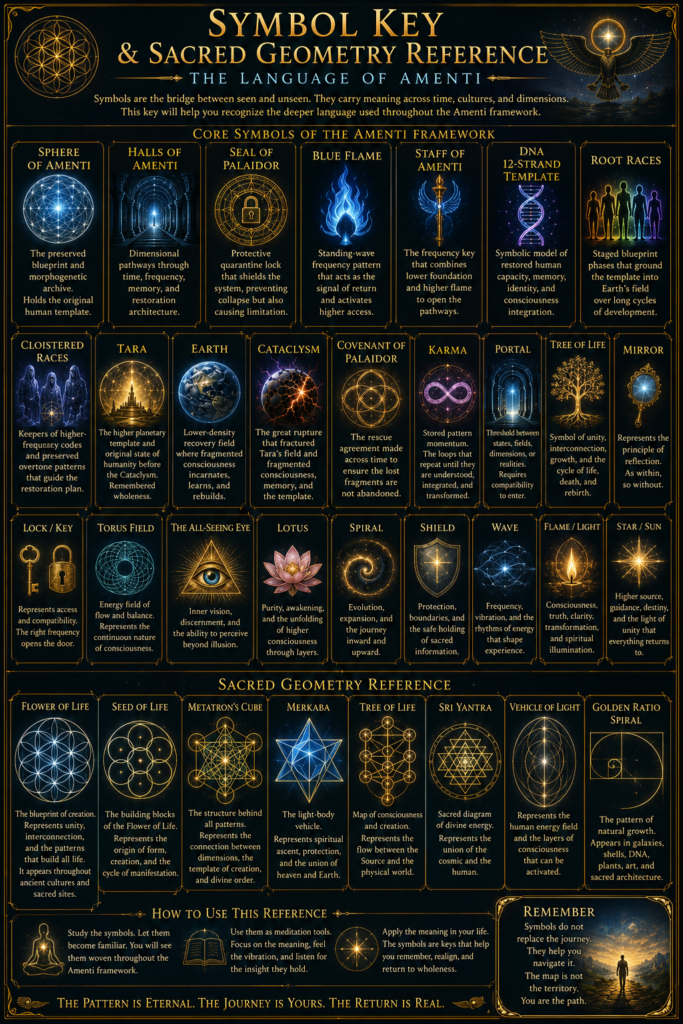 Symbol Key and Sacred Geometry Reference page showing Amenti symbols, the Halls of Amenti, the Sphere of Amenti, sacred geometry, and spiritual meaning.