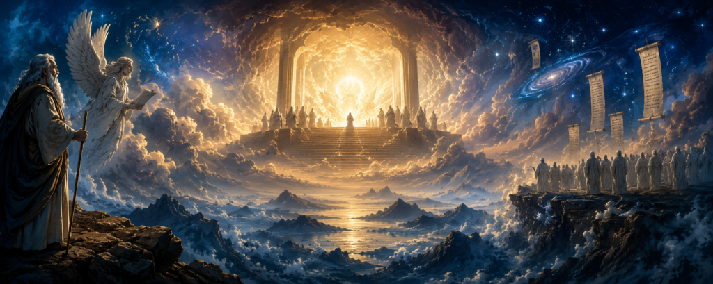 Wide celestial illustration inspired by the Book of Enoch, showing Enoch, angelic beings, a glowing heavenly throne, mountains, clouds, and floating scrolls.
