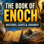 Illustrated Book of Enoch scene showing Enoch reading an ancient scroll, heavenly Watchers, and giant warriors in a dramatic ancient world.