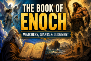 Illustrated Book of Enoch scene showing Enoch reading an ancient scroll, heavenly Watchers, and giant warriors in a dramatic ancient world.