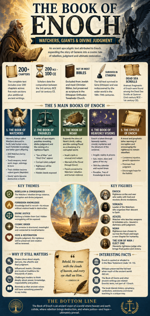 Infographic summarizing the Book of Enoch, including the Watchers, giants, Noah, heavenly visions, the Son of Man, major themes, and historical context.