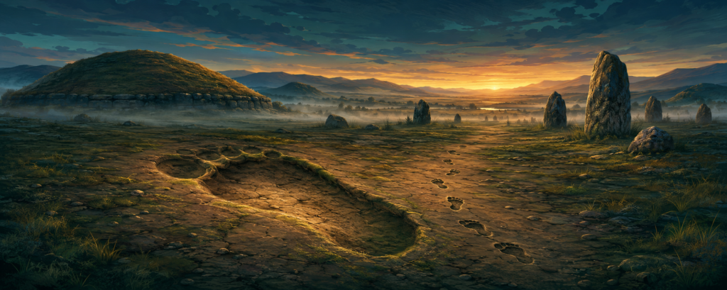 Enormous footprint beside ordinary human tracks in a misty ancient landscape with an earthen mound and standing stones.