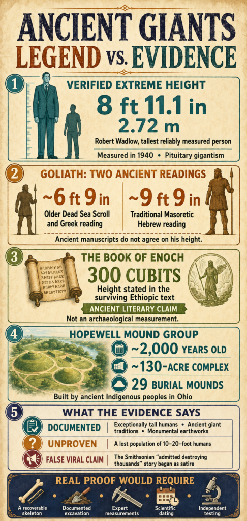 Infographic comparing verified human height, Goliath manuscript readings, the Book of Enoch, Hopewell mounds, and disputed giant claims.