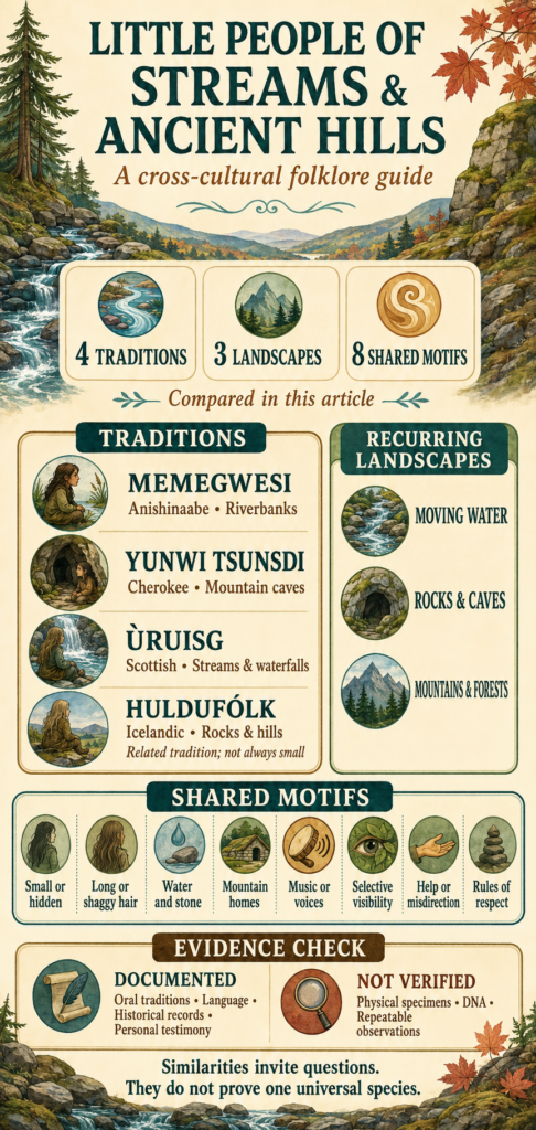 Infographic comparing four Little People traditions, recurring landscapes, shared motifs, and the evidence behind the stories.
