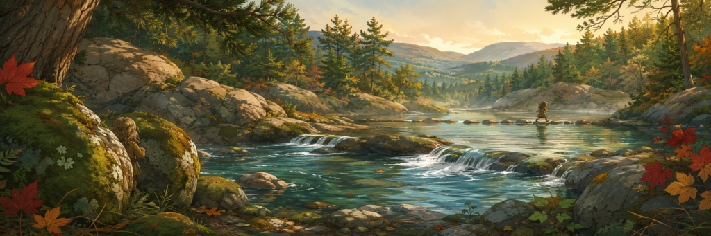 Wide storybook banner showing two small long-haired figures hidden among mossy rocks beside a forest stream.