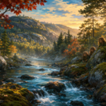 Cartoon-style illustration of three small long-haired figures beside a rocky mountain stream in the Gatineau Hills.