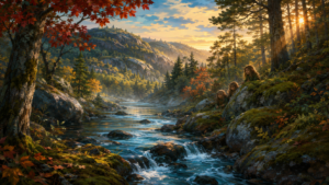 Cartoon-style illustration of three small long-haired figures beside a rocky mountain stream in the Gatineau Hills.