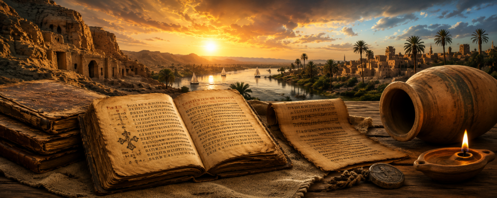 Wide Egyptian sunset scene with weathered ancient manuscripts, a clay storage jar, Nile sailboats, palm trees, and cliffs near the Nag Hammadi discovery region.