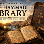 Cinematic illustration of the Nag Hammadi Library discovery, showing ancient Coptic codices, an earthenware jar, and the Upper Egyptian landscape near the Nile.