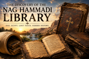 Cinematic illustration of the Nag Hammadi Library discovery, showing ancient Coptic codices, an earthenware jar, and the Upper Egyptian landscape near the Nile.