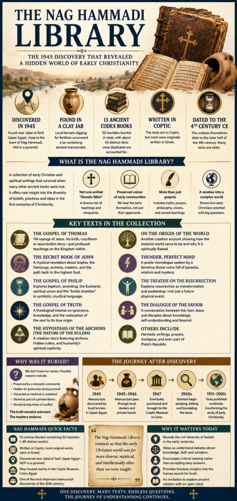 Infographic explaining the 1945 Nag Hammadi Library discovery, its 13 Coptic codices, major texts including the Gospel of Thomas, and its importance to early Christianity.