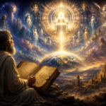Ancient scholar studying a manuscript beneath a radiant vision of Jesus, Sophia, celestial beings, and shadowy rulers from the Secret Book of John.