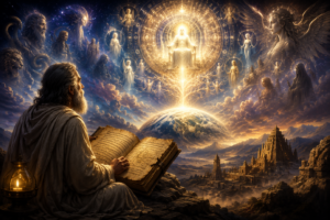 Ancient scholar studying a manuscript beneath a radiant vision of Jesus, Sophia, celestial beings, and shadowy rulers from the Secret Book of John.