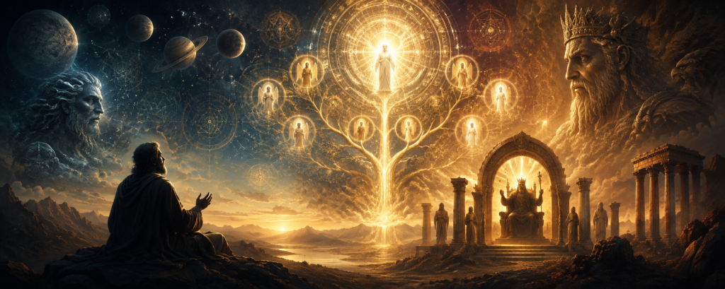 John witnesses a glowing divine tree between the heavenly realm and the throne of the material world in a symbolic Gnostic landscape.
