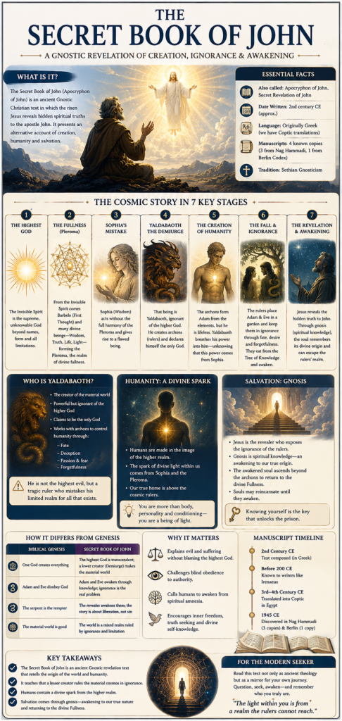 Vertical infographic explaining the Secret Book of John, including Sophia, Yaldabaoth, the divine spark, Gnostic creation, spiritual ignorance, and awakening through gnosis.