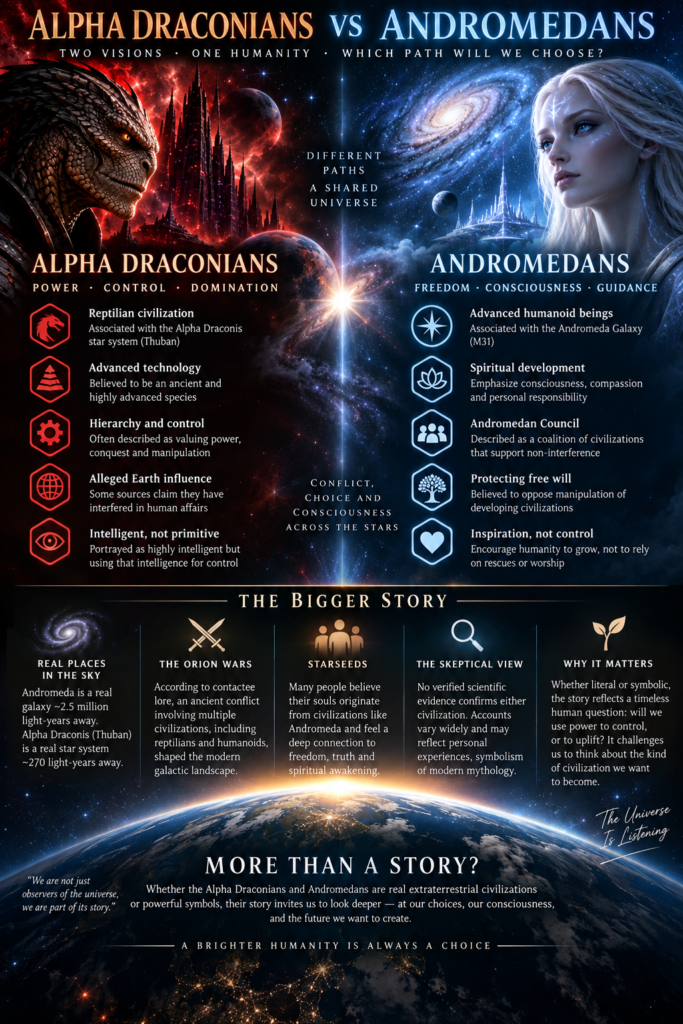 Alpha Draconians vs. Andromedans infographic comparing their alleged traits, cosmic conflict, starseed beliefs, skeptical evidence, and symbolism of control versus freedom.