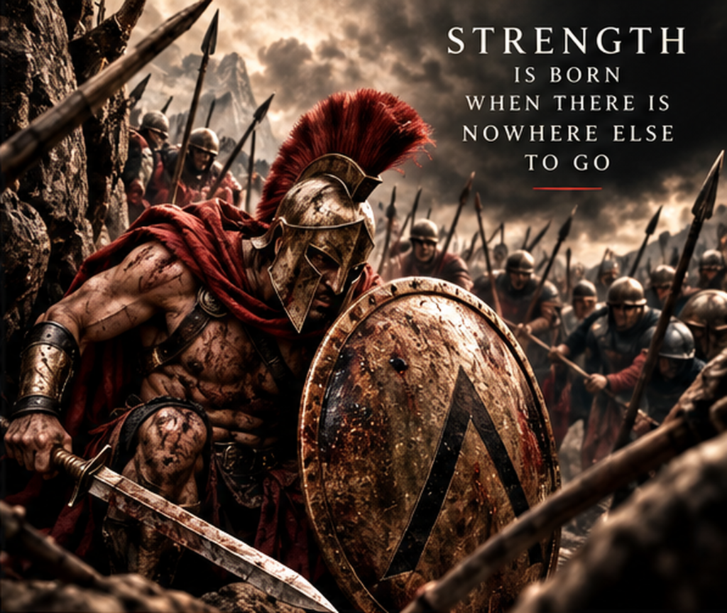 Spartan-style warrior surrounded in battle, symbolizing strength, courage, and fighting forward when retreat is no longer an option.