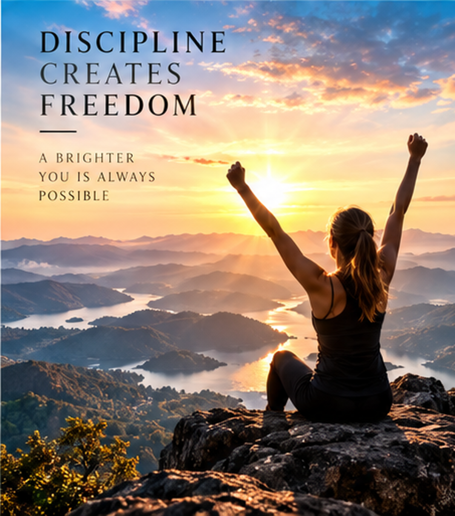 Person standing triumphantly on a mountain at sunrise, symbolizing discipline, resilience, freedom, and overcoming adversity.
