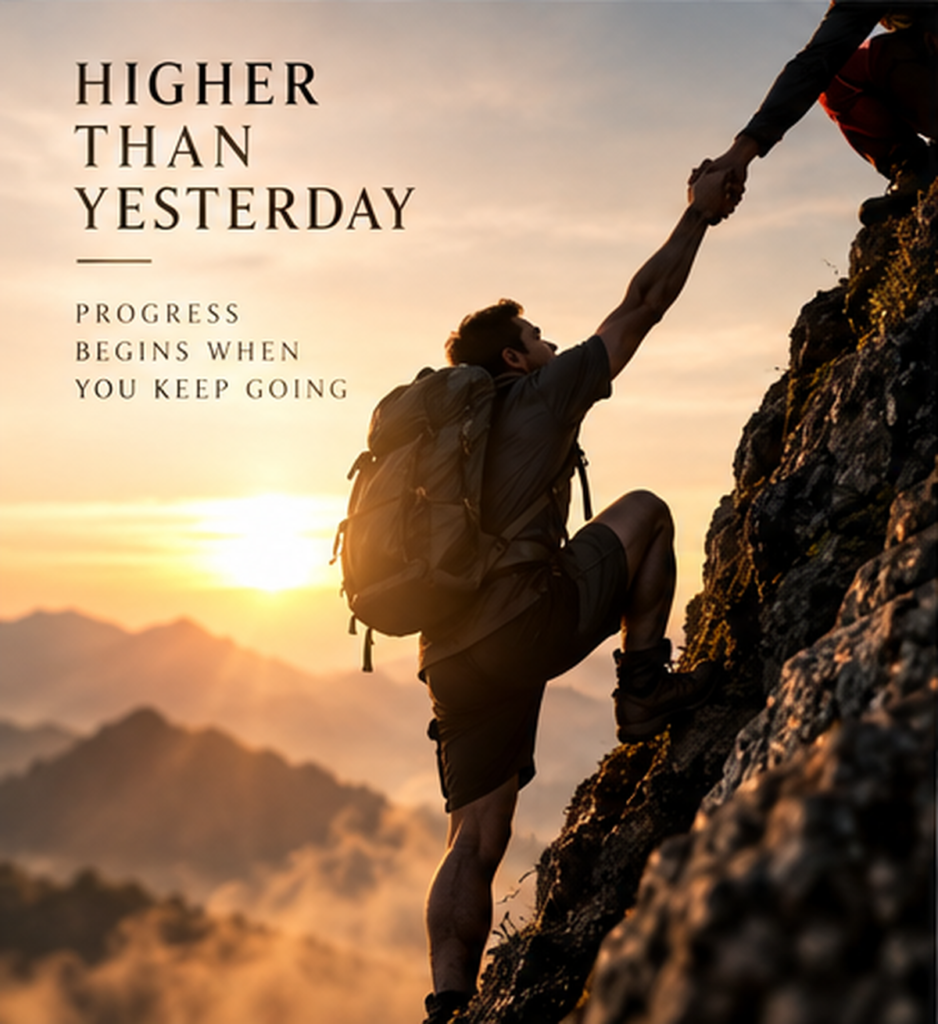 Climber reaching upward on a steep mountain, representing perseverance, personal growth, and becoming stronger through struggle.