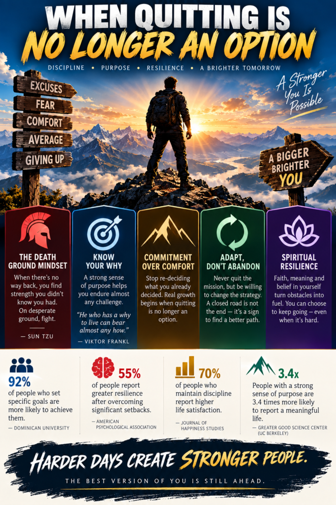 Motivational infographic summarizing death ground mindset, knowing your why, commitment, resilience, adaptability, and the strength to keep going.