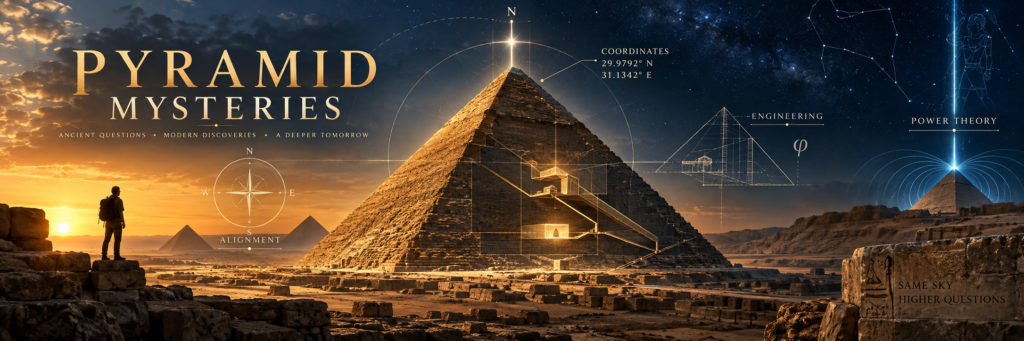 Illustrated banner of the Great Pyramid at sunset, with stars, a compass and diagrams exploring ancient engineering and pyramid mysteries.