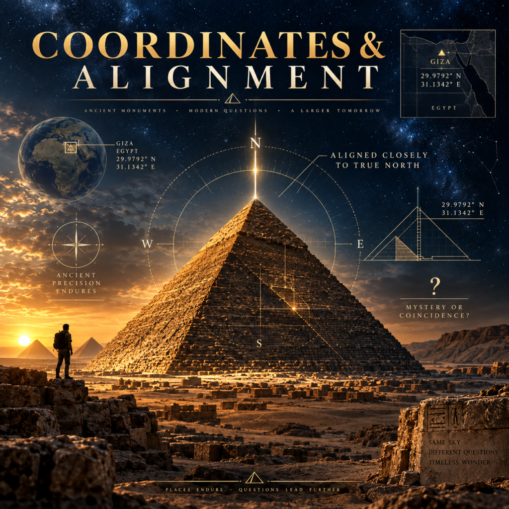 Illustration of the Great Pyramid with a map, coordinates and compass showing its location in Egypt and close alignment with true north.