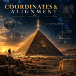 Illustration of the Great Pyramid with a map, coordinates and compass showing its location in Egypt and close alignment with true north.