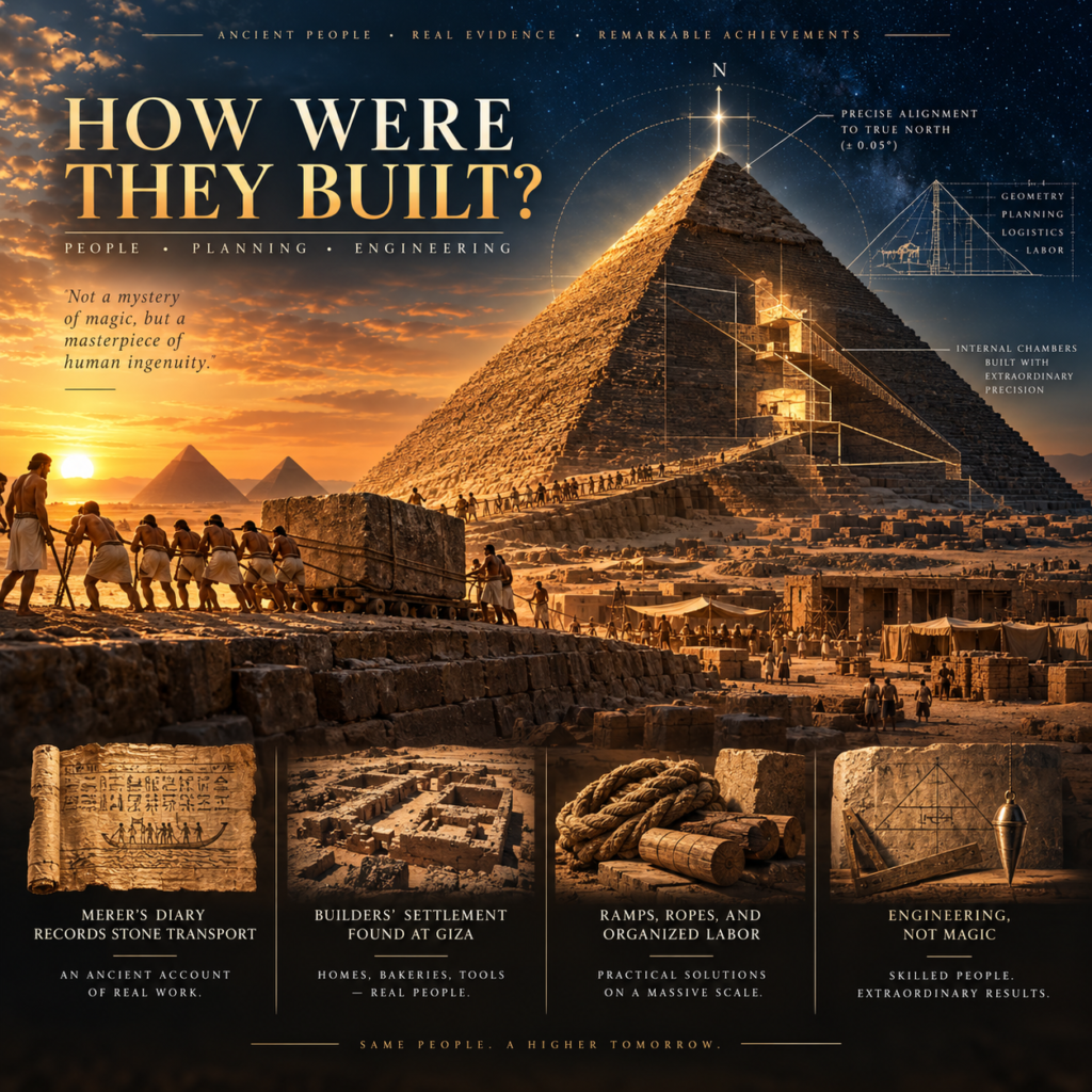 Graphic exploring the unproven pyramid power plant theory, with imagined energy flows and a comparison of scientific findings and speculative claims.
