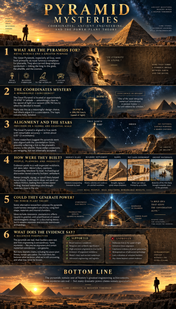 Infographic exploring pyramid purposes, coordinates, star alignments and construction, while separating archaeological evidence from power-generation theories.
