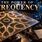 The Power of Frequency illustration featuring geometric Chladni sand patterns, acoustic levitation and a goal-setting journal.