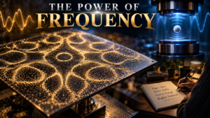 The Power of Frequency illustration featuring geometric Chladni sand patterns, acoustic levitation and a goal-setting journal.