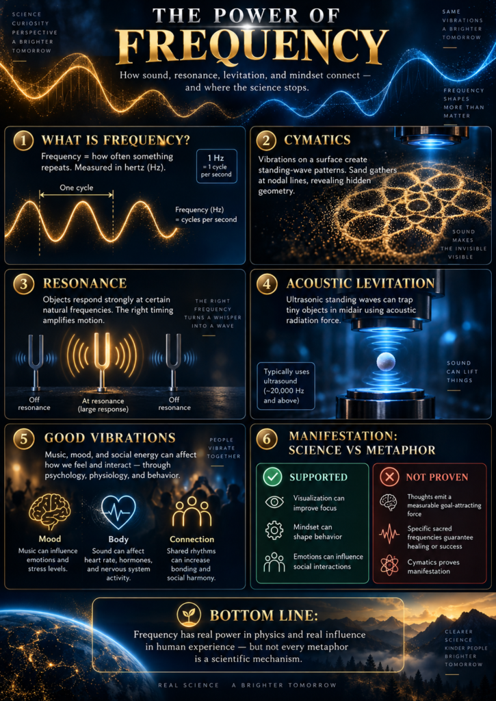 The Power of Frequency infographic explaining cymatics, resonance, acoustic levitation, mindset and the limits of manifestation claims.