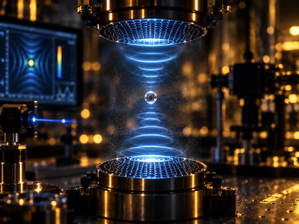 Acoustic levitation illustration showing a small sphere suspended between ultrasonic transducers, with blue sound-wave graphics.
