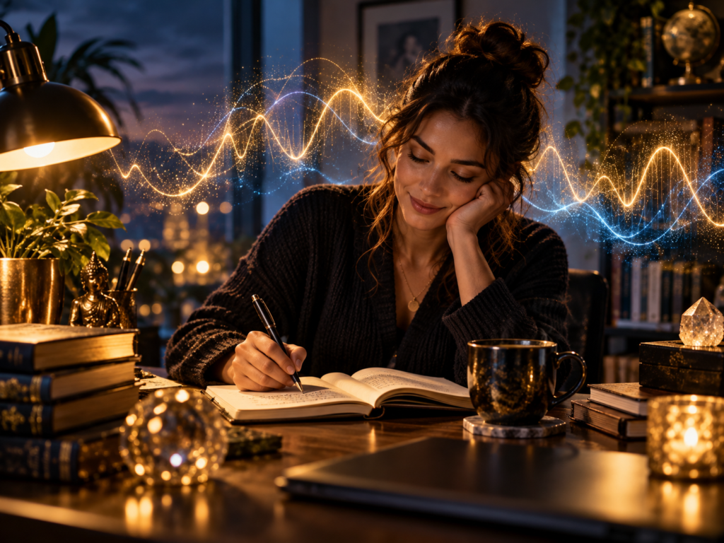 Woman writing in a journal beside a warm lamp, with symbolic gold and blue waves representing mindset and good vibrations.